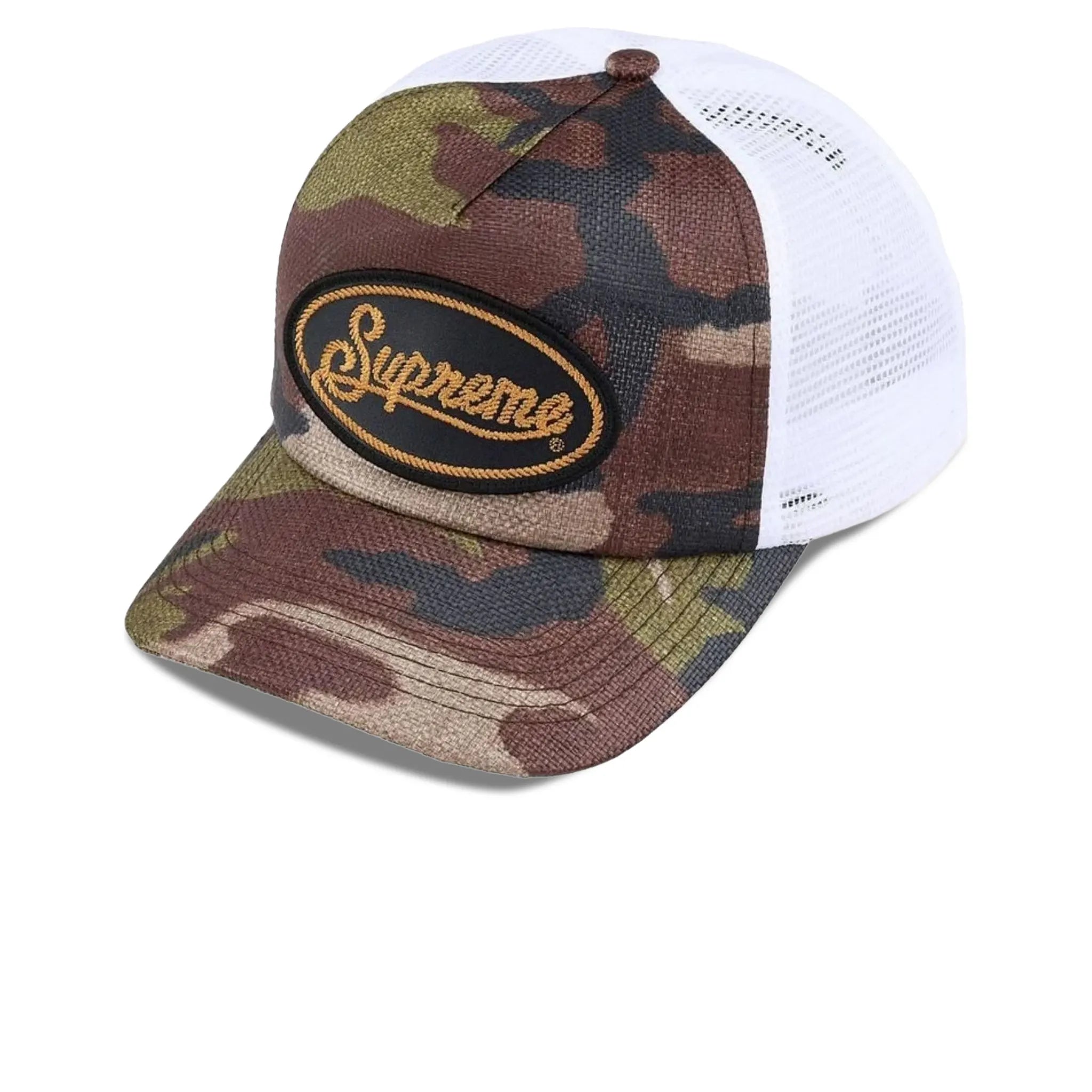 Front View of Supreme Raffia Mesh Back 5 Panel Woodland Camo (SS26)